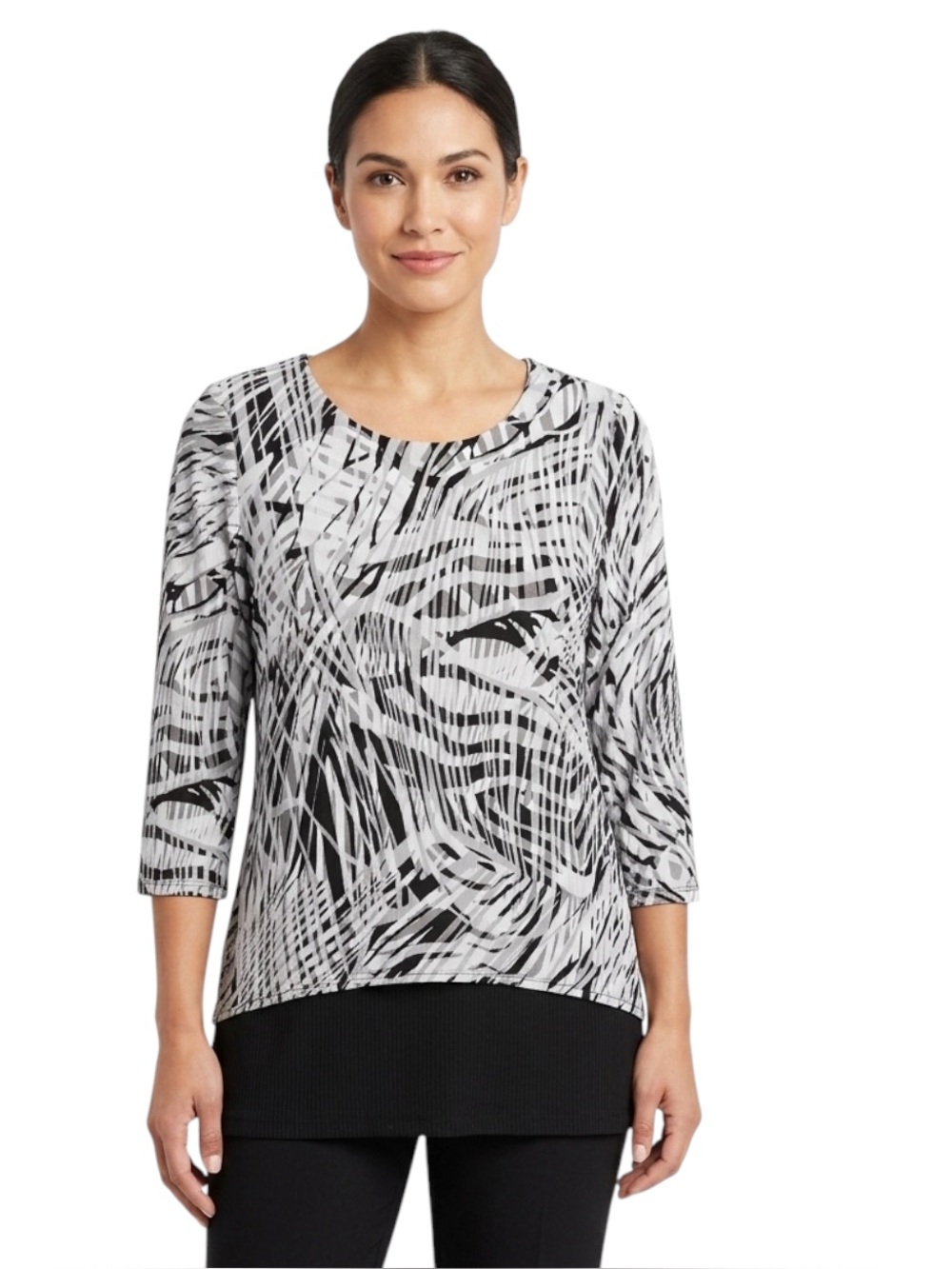 Easywear By Chico's Gray & Black Abstract Layered Tunic Blouse